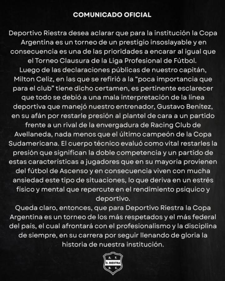 Imagen El comunicado oficial de Riestra sobre los dichos de Céliz.