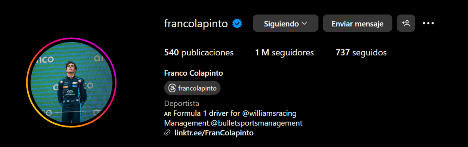 Imagen Colapinto ya llegó al millón de seguidores en Instagram.