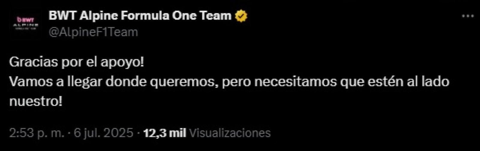 Imagen El pedido de Alpine a los argentinos el pasado domingo.