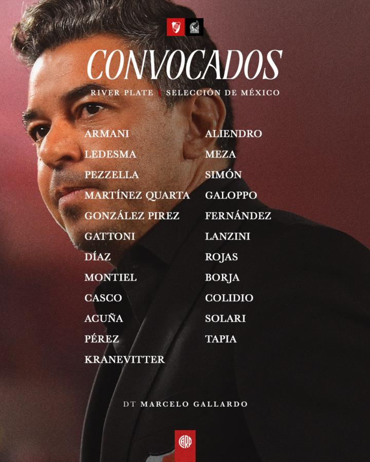 Imagen La lista de 23 futbolistas convocados por Gallardo para River vs. México.