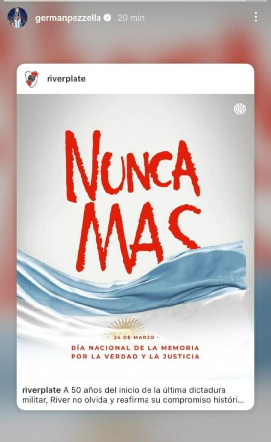 Imagen Germán Pezzella, uno de los capitanes de River, y su historia en Instagram