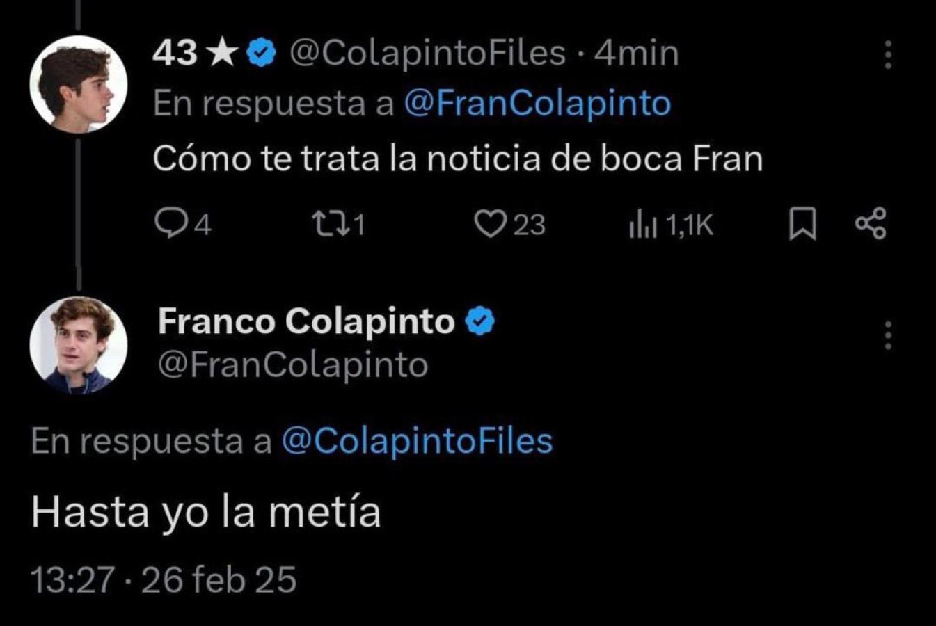 Imagen El tuit borrado de Franco Colapinto.