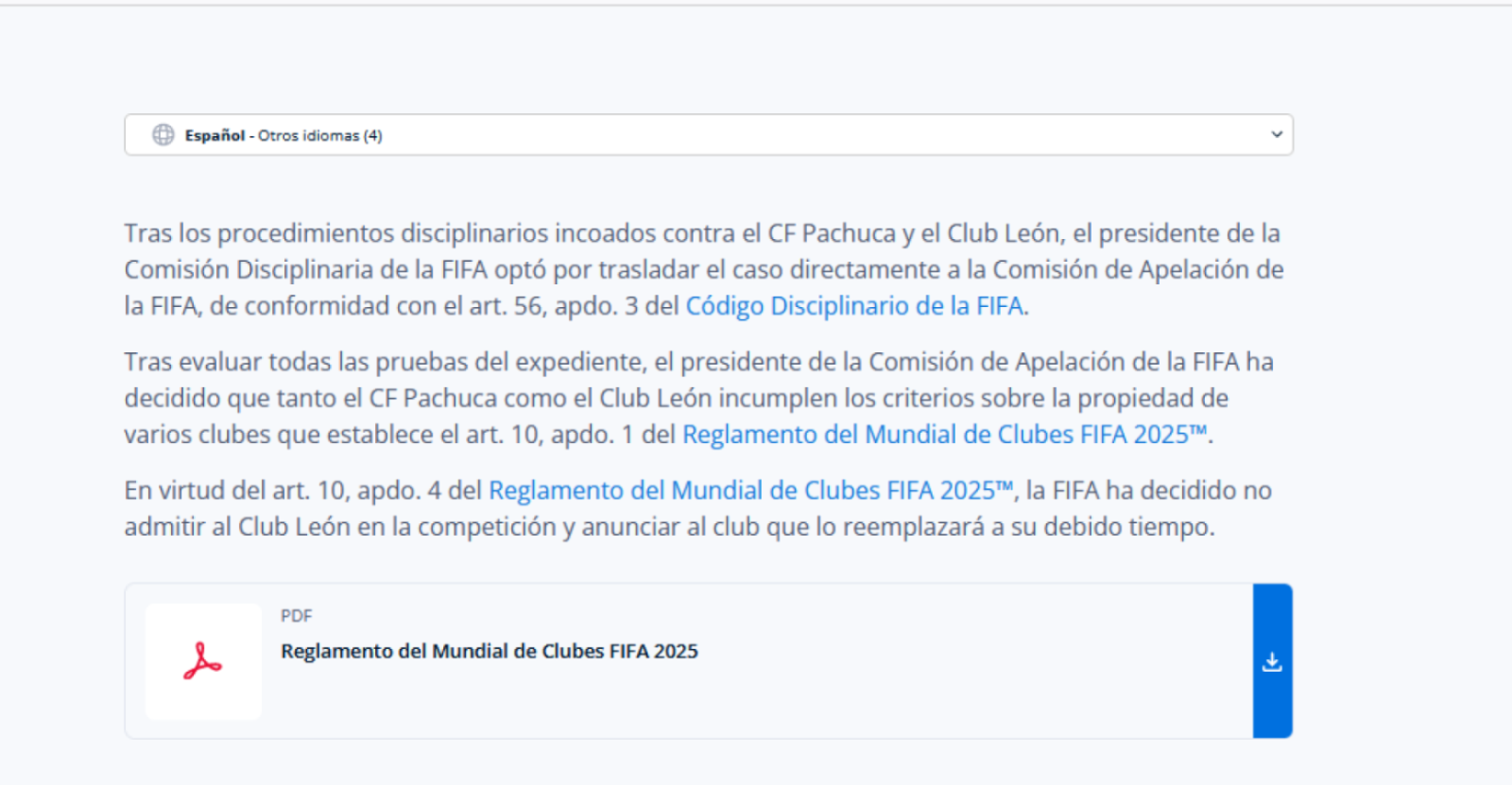 Imagen El comunicado de la FIFA sobre la exclusión de León.