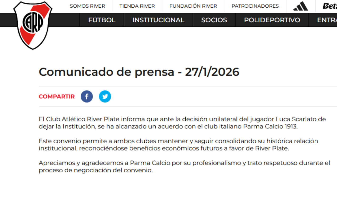 Imagen El comunicado de River sobre el caso de Luca Scarlato.
