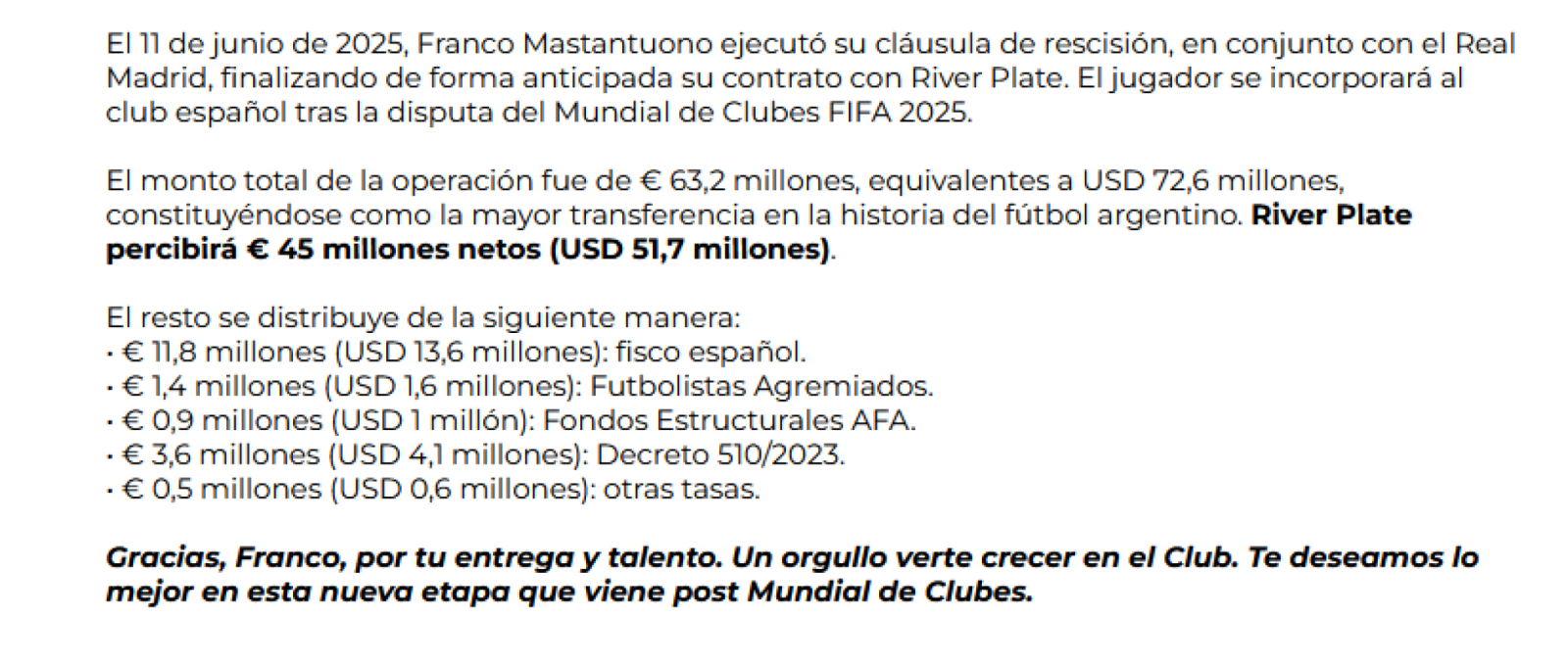 Imagen La información detallada que proporcionó River.