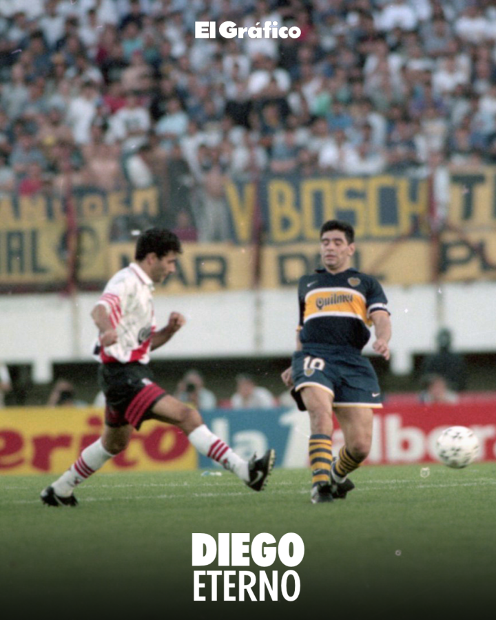 Imagen Superclásico del 25 de octubre de 1997, en el que Boca venció 2-1 a River en el Monumental. Fue el último partido oficial de Diego como profesional.