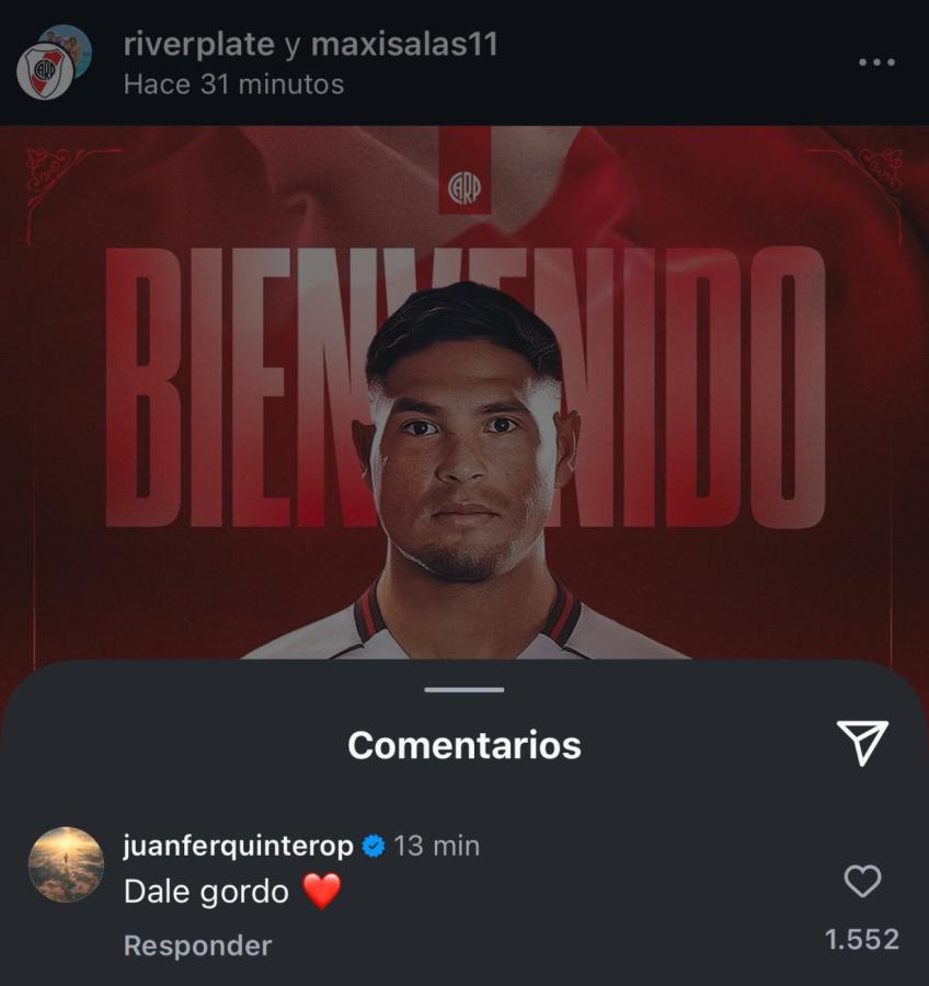 Imagen Juanfer se alegró por la llegada de Salas a River. Volverán a ser compañeros.