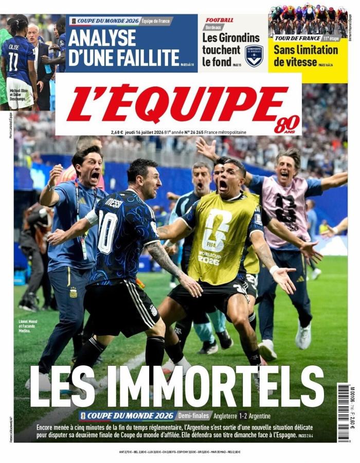 Imagen "Les inmortels", tituló L'Equipe sobre la Selección Argentina.