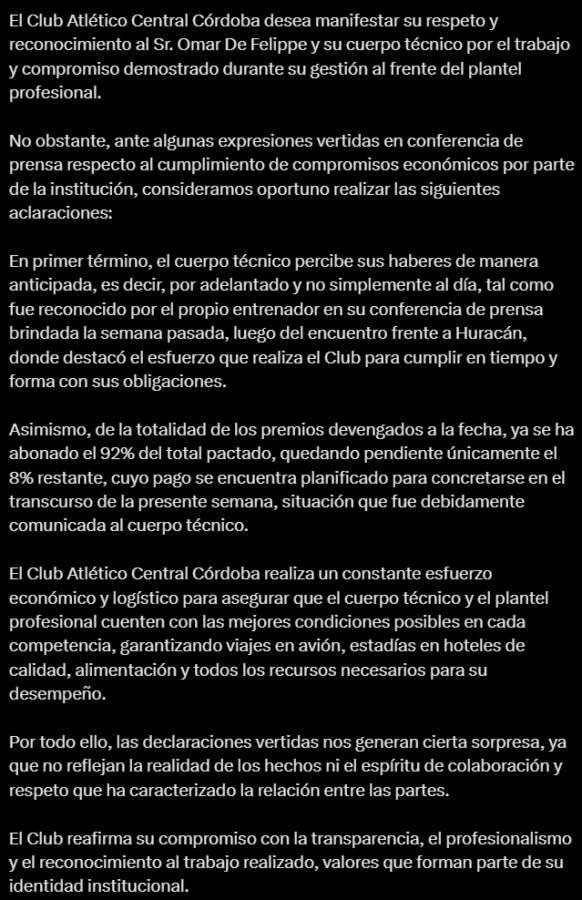 Imagen El comunicado de Central Córdoba en respuesta al reclamo del entrenador.