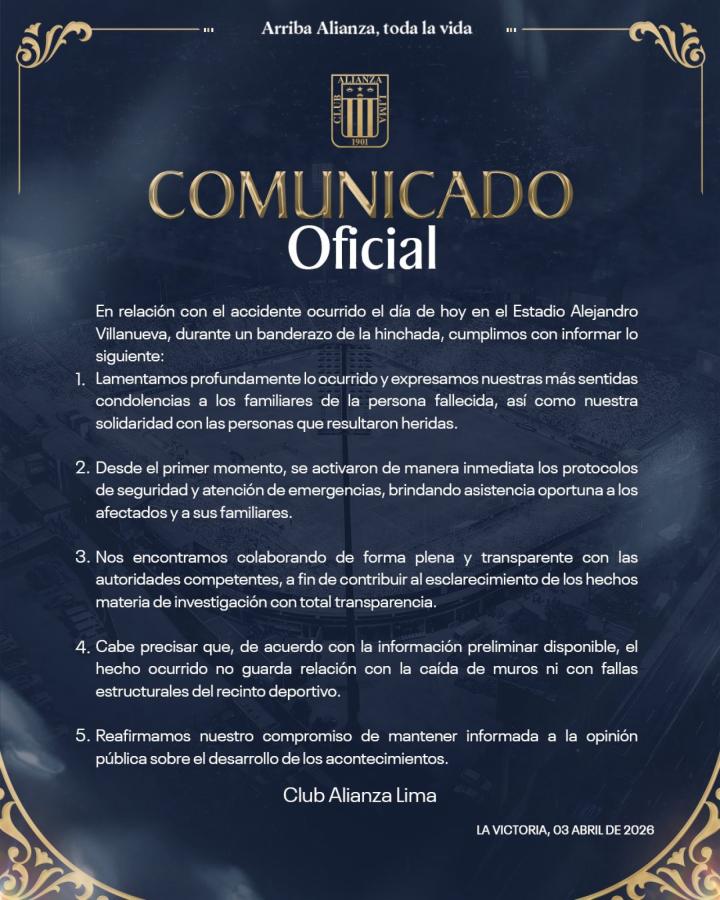 Imagen El comunicado oficial de Alianza Lima tras la tragedia: