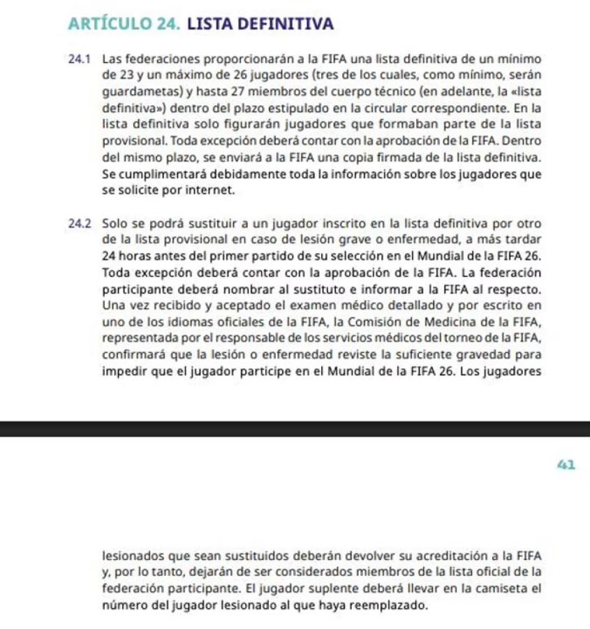 Imagen El artículo 24 del reglamento del Mundial de la FIFA.